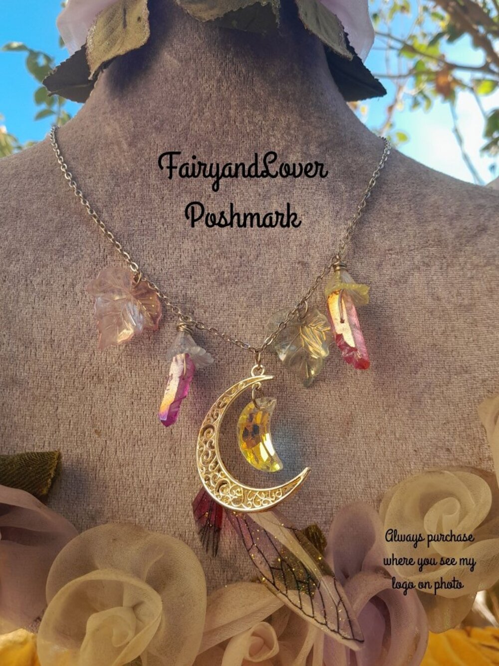 Fairy Wing Moon twilight quartz necklace, ren faire fairy costume accessory gift